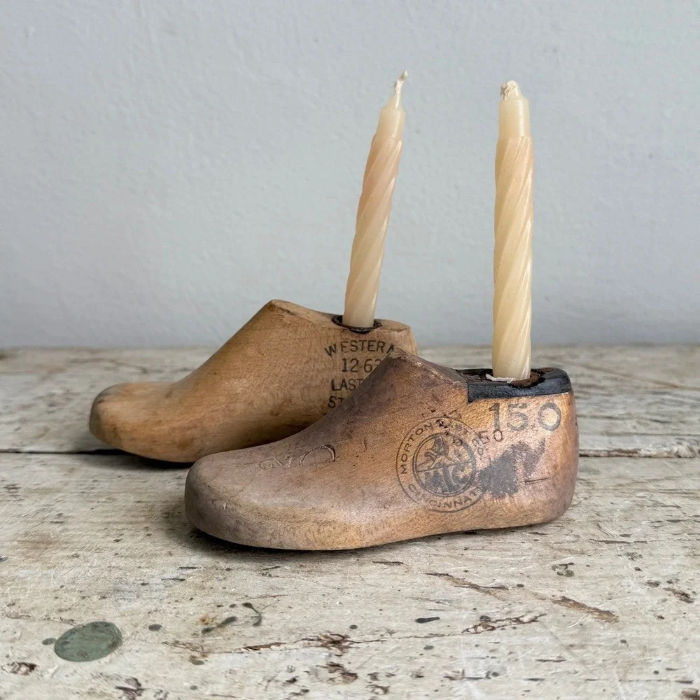 Vintage Wooden Shoe Last Candle Holders Child Size 4.5in Cobbler Forms